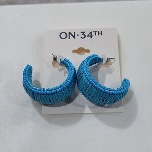 NWT On 34th made for Macy’s Blue and Silver tone Earrings Raffia C-Shaped Hoops